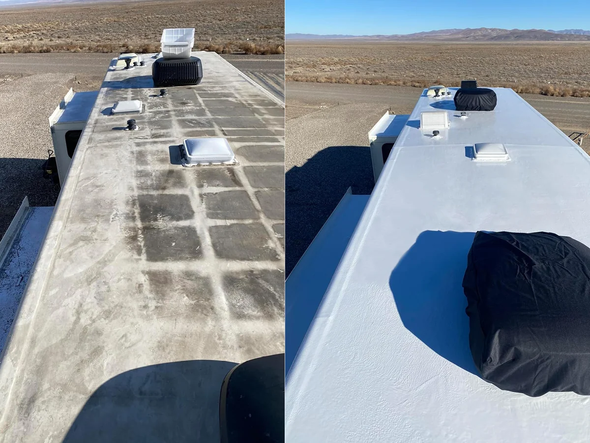 RV roof coating before on the left and after on the right