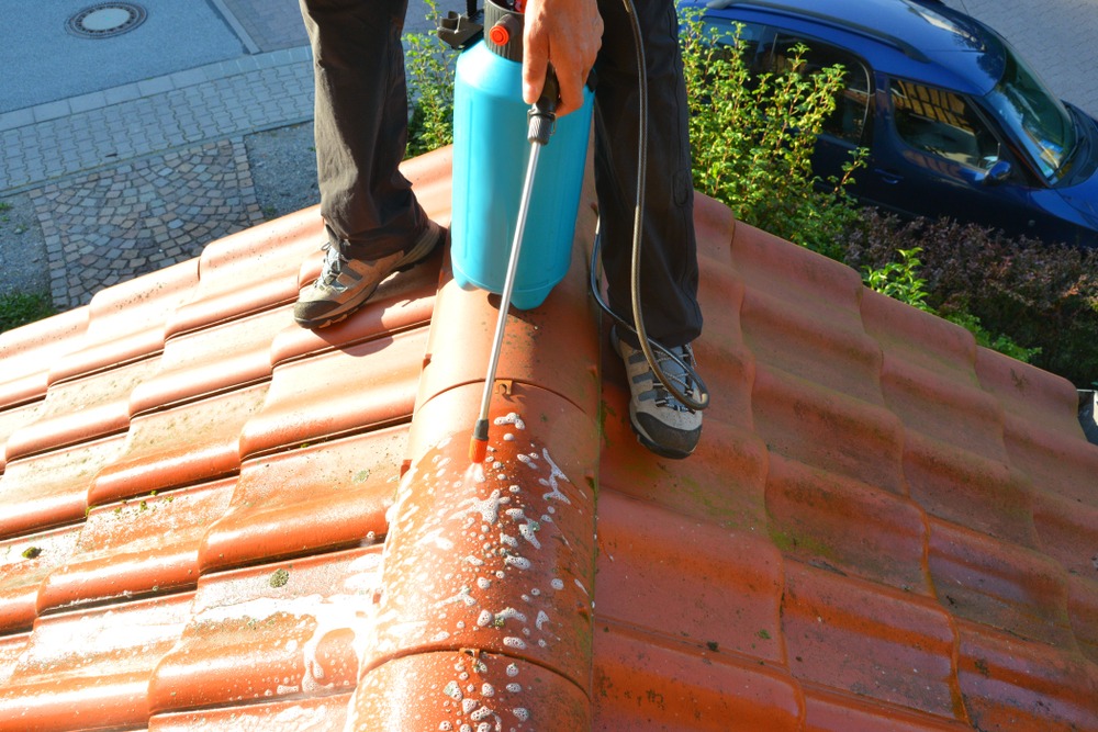 Sprying,Roof,Tiles,With,A,Pressure,Sprayer,And,Algicide,Against